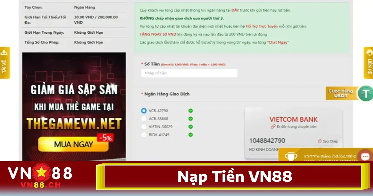Nạp tiền qua ví điện tử tại VN88 thường có thời gian xử lý tức thì, chỉ trong vài giây là tiền đã vào tài khoản và sẵn sàng để chơi.